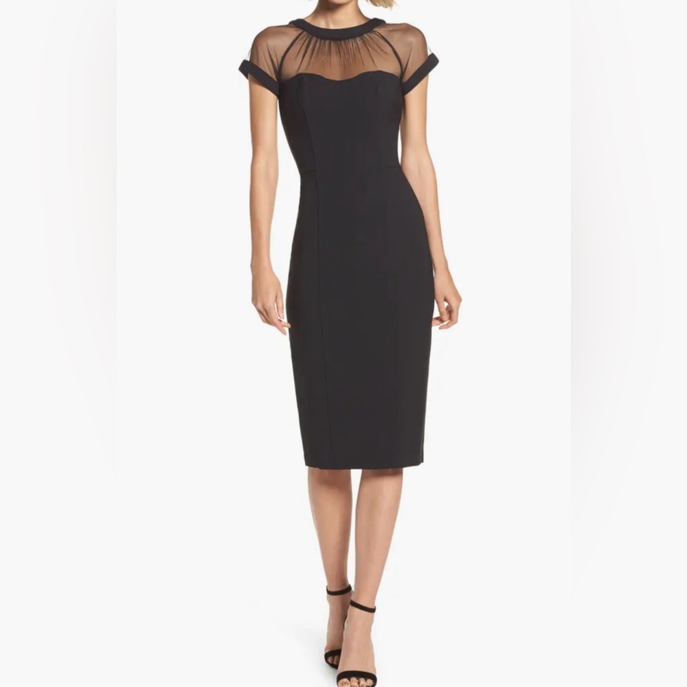 Maggie London Illusion Yoke Crepe Black Cocktail Dress Size 6